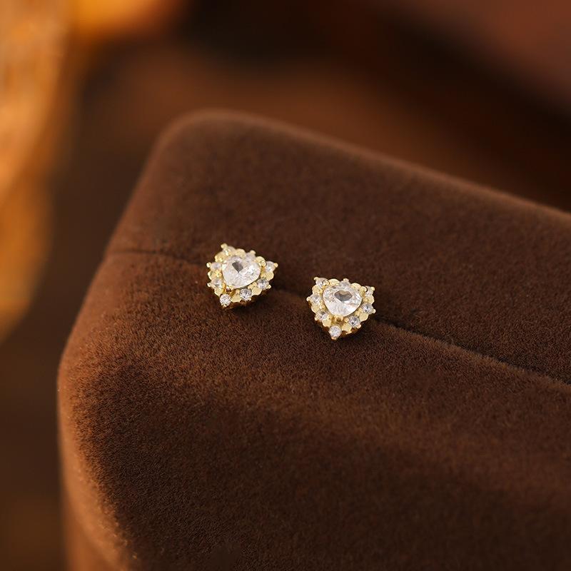 925 Sterling Silver Inlaid Shiny Zircon Heart Earrings for Women Korean Small Sweet Jewelry
