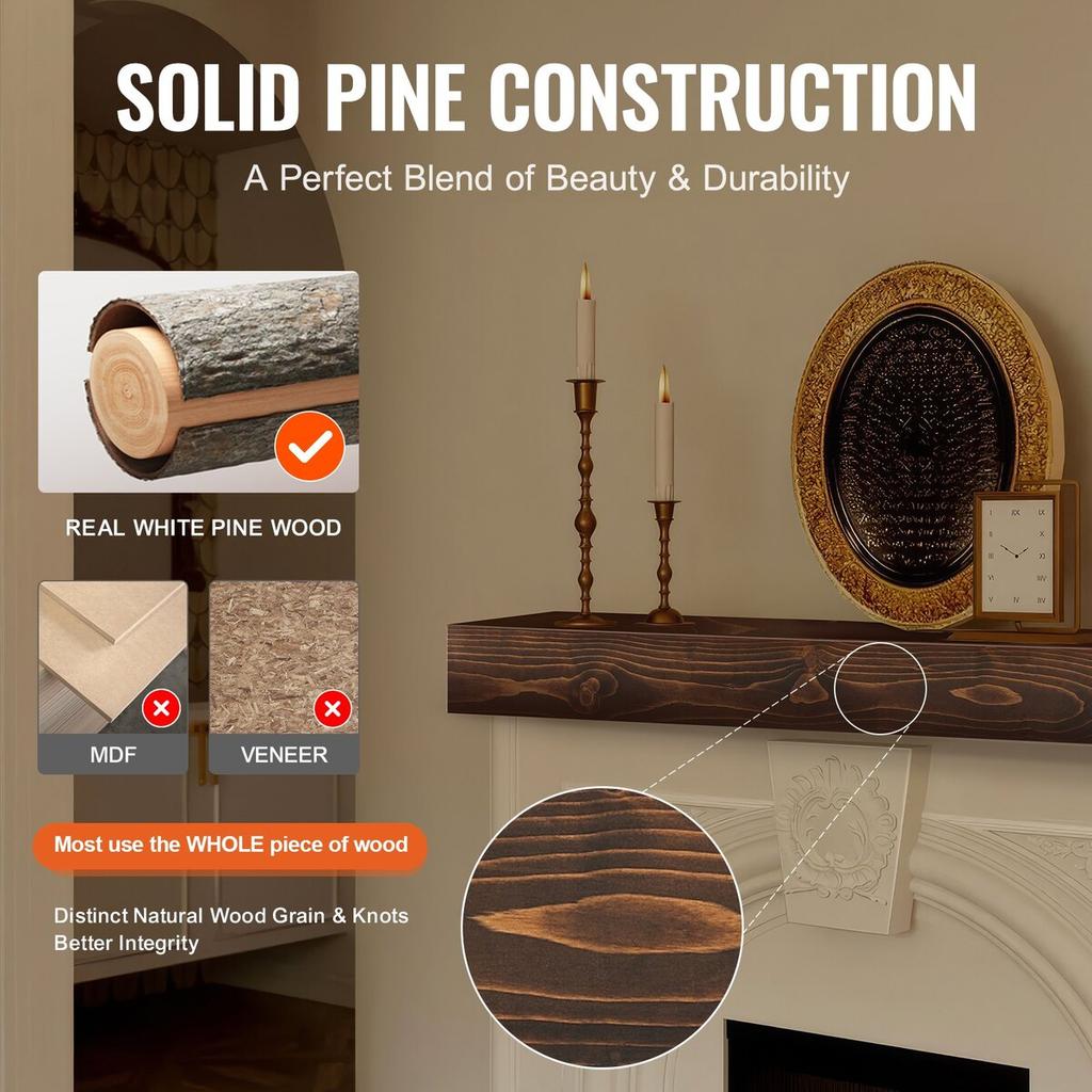 Fireplace Mantel Wood Shelf Floating Rustic Fireplace Mantel 84" Brown