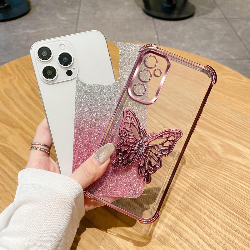 Противоударный чехол для телефона с покрытием и подставкой-бабочкой для Samsung Galaxy A06 A16 A05 A05S A15 A25 A35 A55 A54 A53 5G, блестящая мягкая накладка