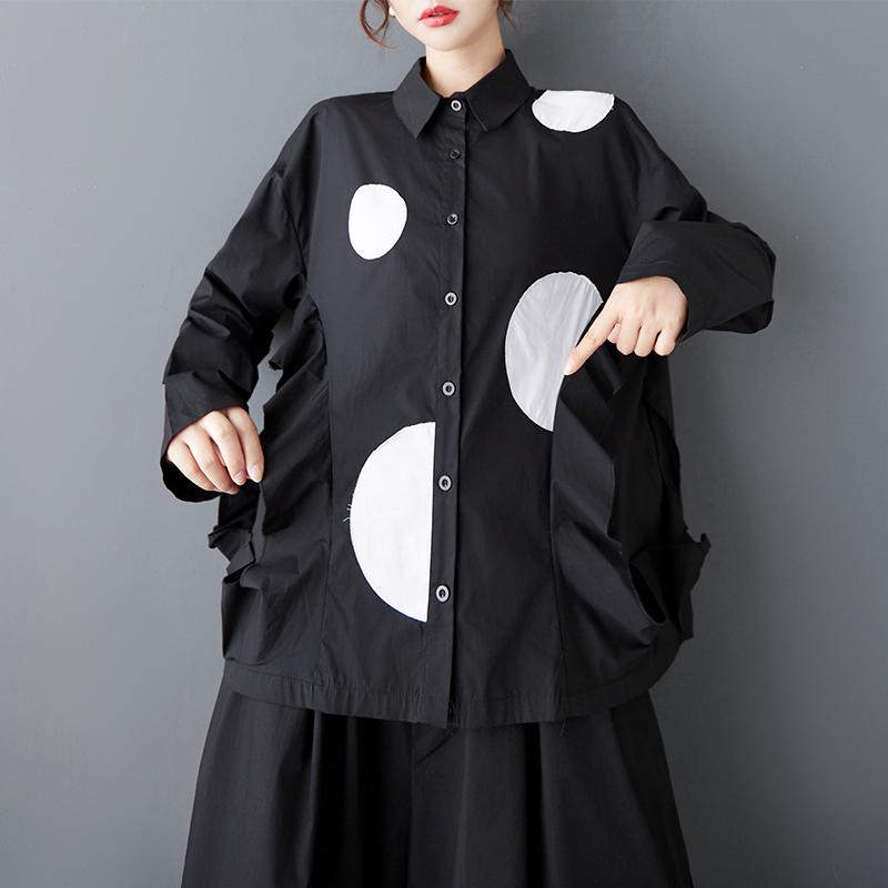 Рубашки и блузки оверсайз с длинным рукавом в винтажный горошек для блузки Повседневные свободные весенне-осенние топы женская рубашка на пуговицах