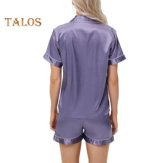 Пижамный костюм из 2 предметов, атласный однобортный кардиган, рубашка с V-образным вырезом, воротником-стойкой, однотонная рубашка с нагрудным карманом, свободные шорты, ночная рубашка, одежда для сна