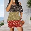 Women Plus Size Off Shoulder Short Sleeve Sunflower Printed Black Loose Romper With Side Pockets