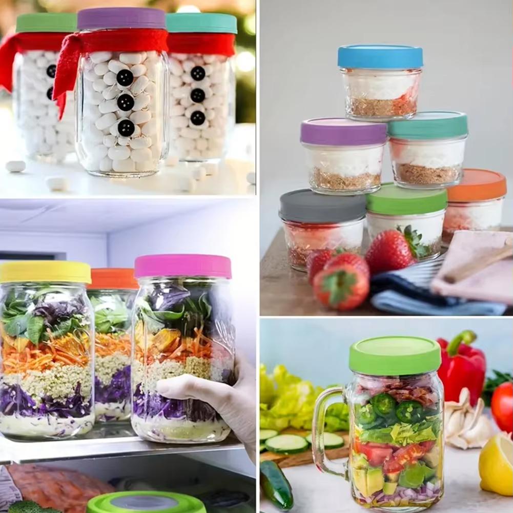 12 шт. Пластиковые крышки для банок Мейсона 70 мм/86 мм Разноцветные Совместимые бренды Ball Kerr Многоразовые Герметичные Силиконовые крышки для запечатывания Кухня