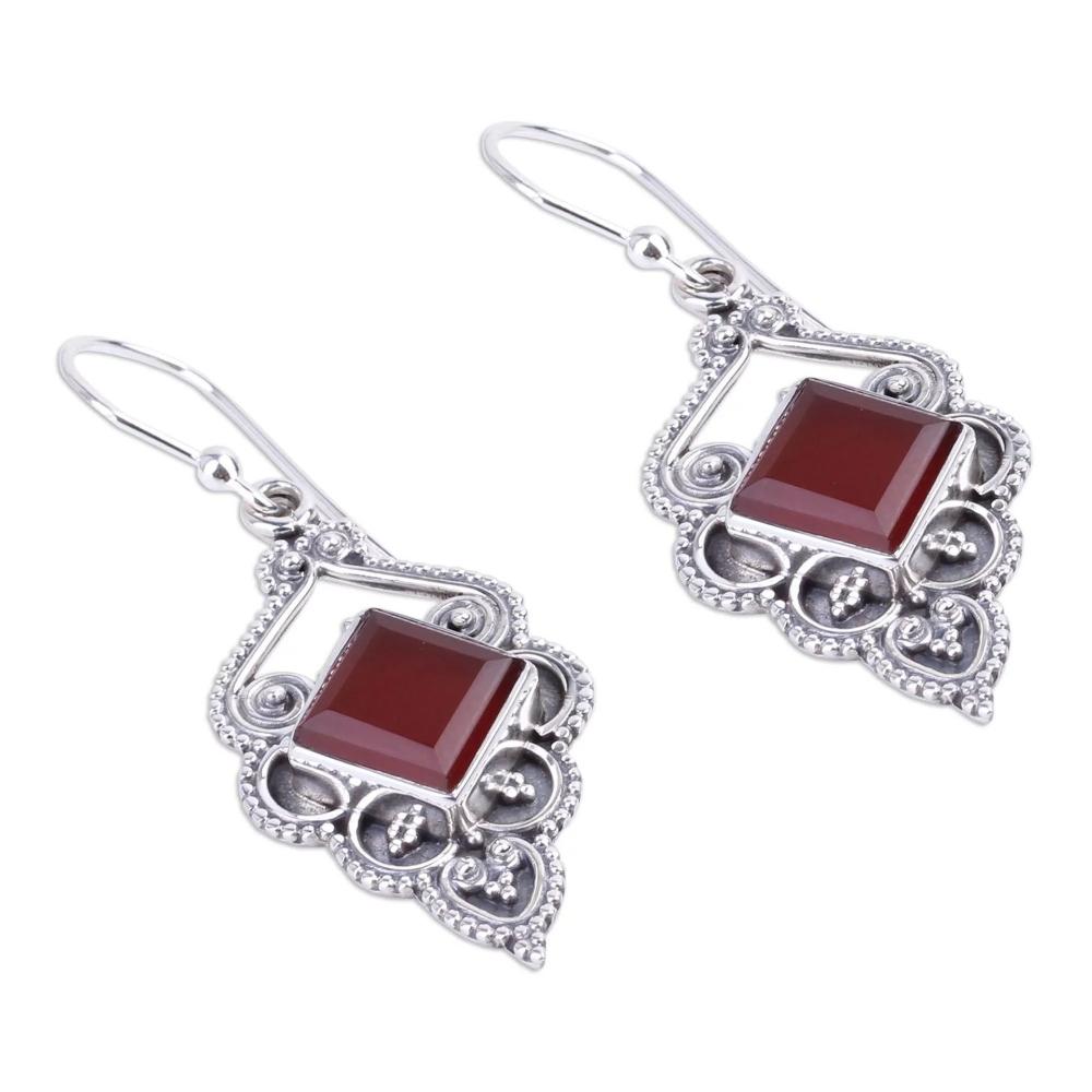 Vintage Hook Chic Engagement Wedding Jewelry Red Agate Earrings Ruby Ear Stud Dangle Gemstone