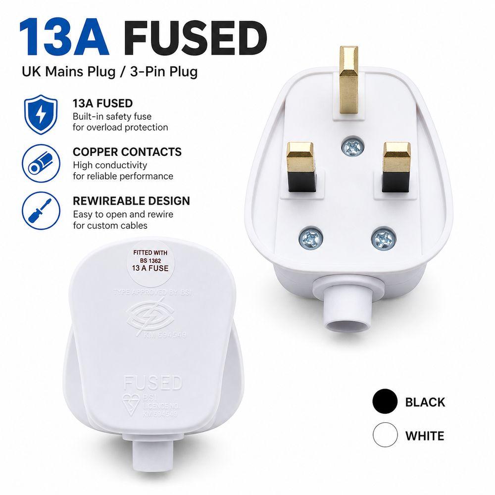 Black/White UK Mains Plug Copper Rewireable Plug Durable Power Plug Power Cord Assembly