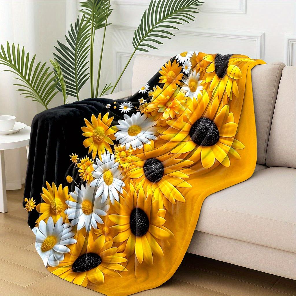 VIKAMA Black Gold Sunflower Flannel Throw Blanket Lint-Free Lounge Blanket Afternoon Tea Gift Bedroom Throw