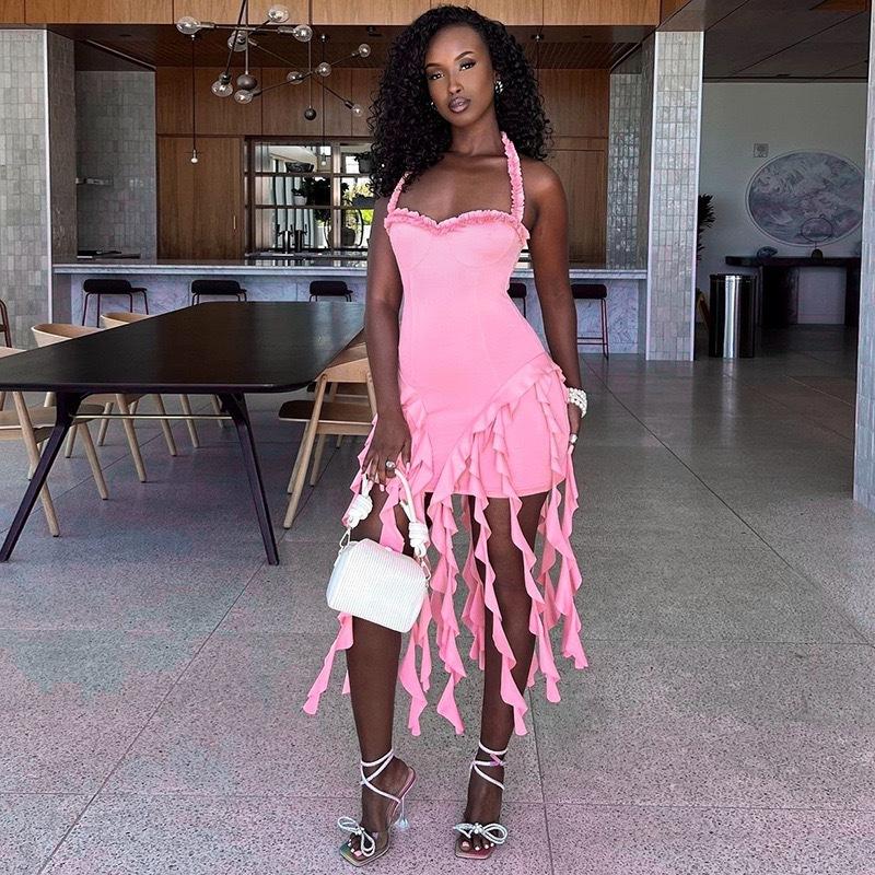 European and American women's clothing new sexy neck sleeveless backless hip wrap irregular solid color dress