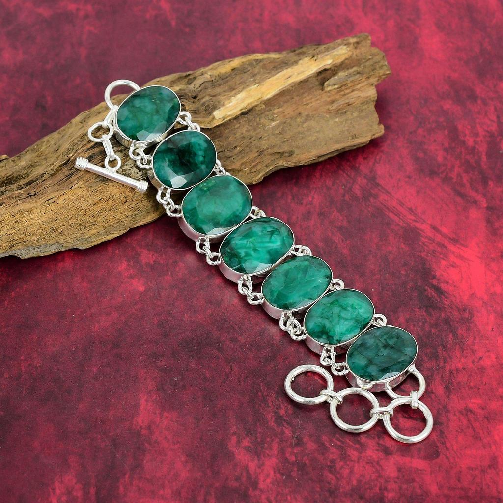 Emerald Necklace & Bracelet, 925 Solid Sterling Silver, Zambian Emerald Jewelry Set, Handmade Jewelry Necklace & Bracelet With Adjustable Chain