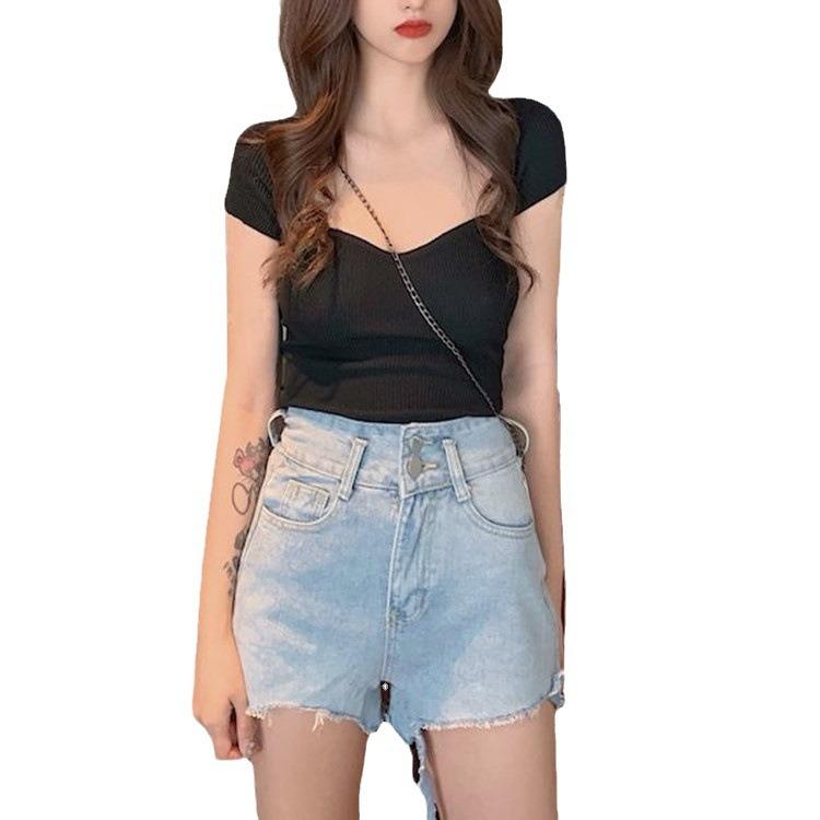 Девушки сексуальный дугообразный вырез трикотажный свитер футболка короткий секция тонкий короткий рукав рубашка топы женские повседневные основные облегающие пуловеры футболки