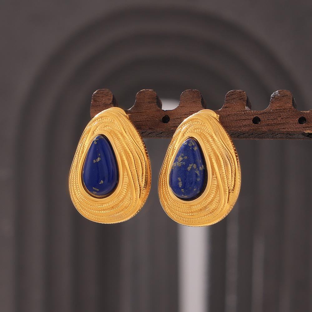 Серьги-гвоздики Wind Retro Blue Gold Stone, титановая сталь, покрытая 18-каратным золотом, нишевый темпераментный дизайн, простые серьги с каплями воды для женщин