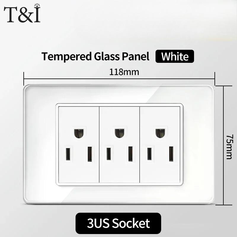T&I 118*75 мм Закаленное Стекло US Розетка Белая Тайская USB Розетка Вилка с Двумя портами USB Type-C, Выключатель 110В