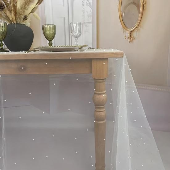 9.8FT марлевая дорожка для стола из шифона, дорожка для стола с искусственным жемчугом, декоративная скатерть для обеденного стола для домашнего дня рождения, праздничной вечеринки