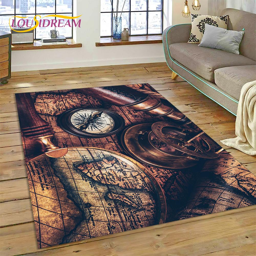Древняя морская карта Карта мира Компас Ковер для гостиной Спальня Декор, напольный коврик Нескользящее украшение для дивана Коврик