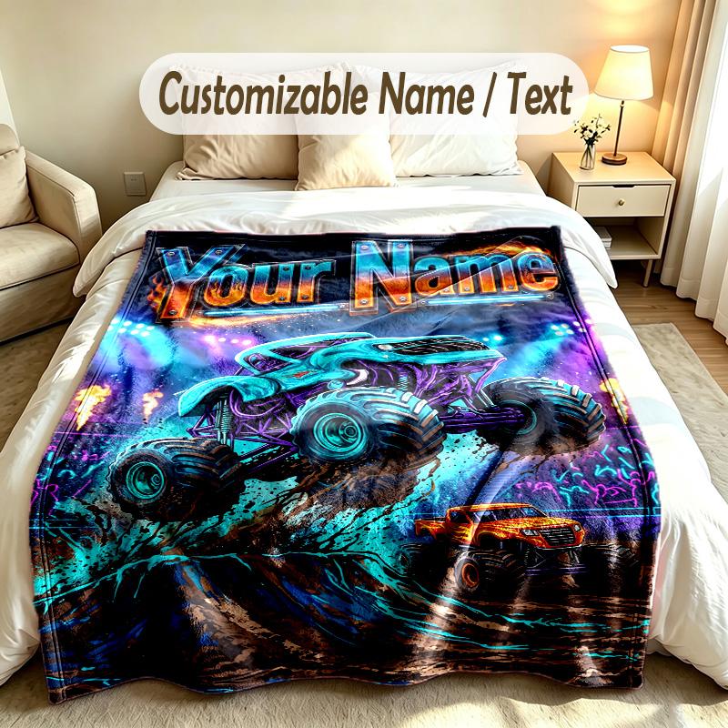 Monster Truck Theme Custom Blanket Personalized Name & Text Customized Soft Warm Throw Blanket Home Decor