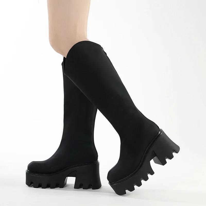 Новые осенне-зимние ботинки до середины икры в стиле панк-готика на массивной платформе и высоком каблуке, мотоциклетные длинные ботинки, женская обувь для женщин, большой размер