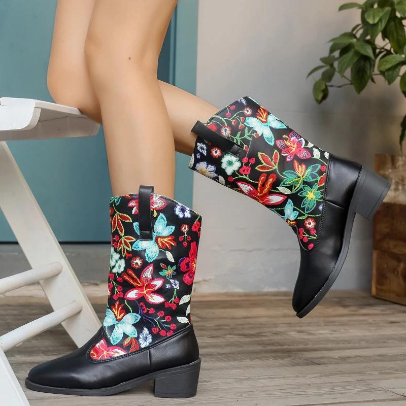 Женские сапоги до середины голени с цветочным принтом, ковбойские сапоги из искусственной кожи на толстом каблуке, женские, размер плюс 43, V-образный вырез, без застежек, вестерн, ботинки Mujer