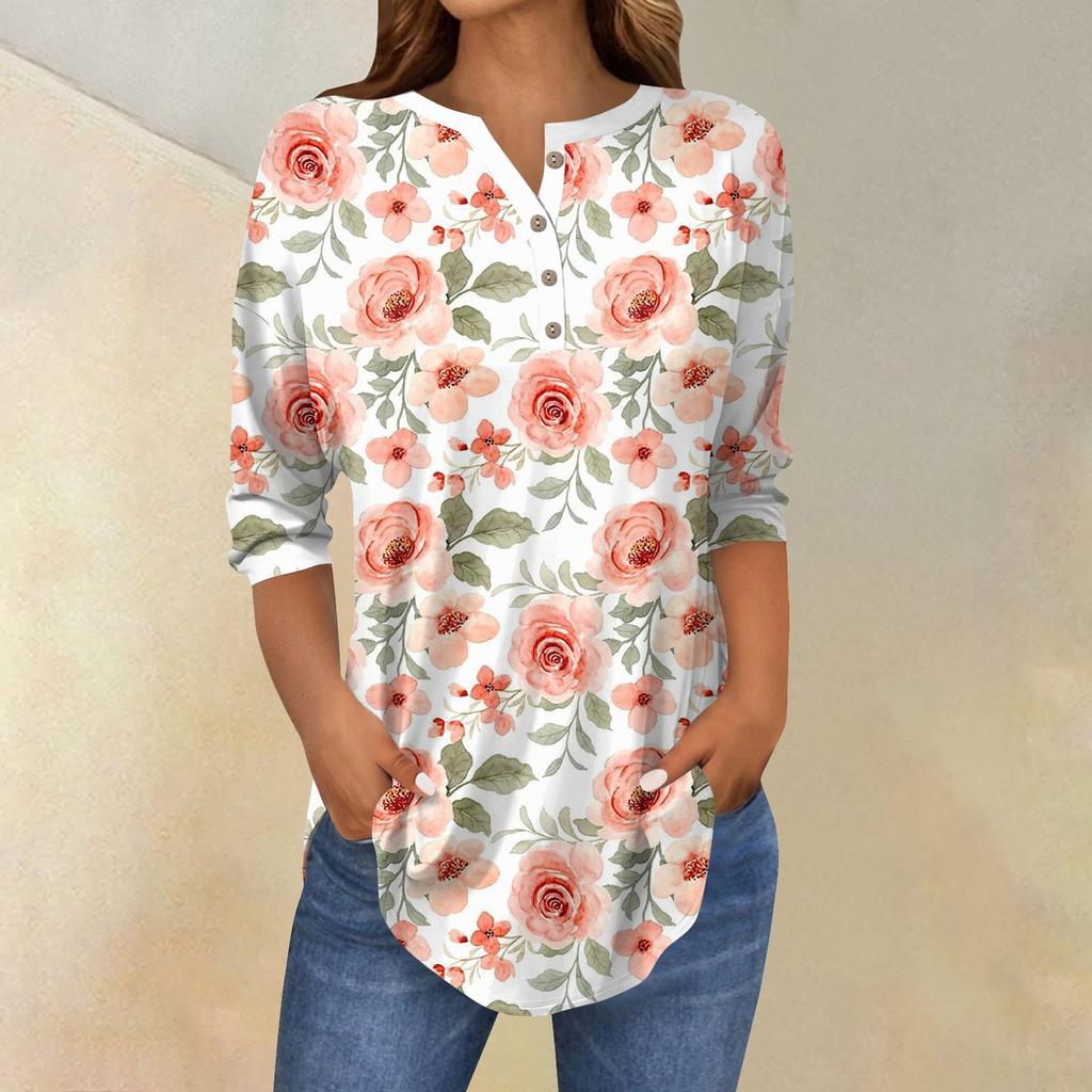 3/4 Length Sleeve Womens Tops Summer T-Shirts Floral Print V Neck Casual Basic Tee Button Shirts Tunic Tops