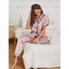 Heart Print Satin Pajama Set Casual Short Sleeve Buttons Lapel Top & Elastic Pants Women's Sleepwear