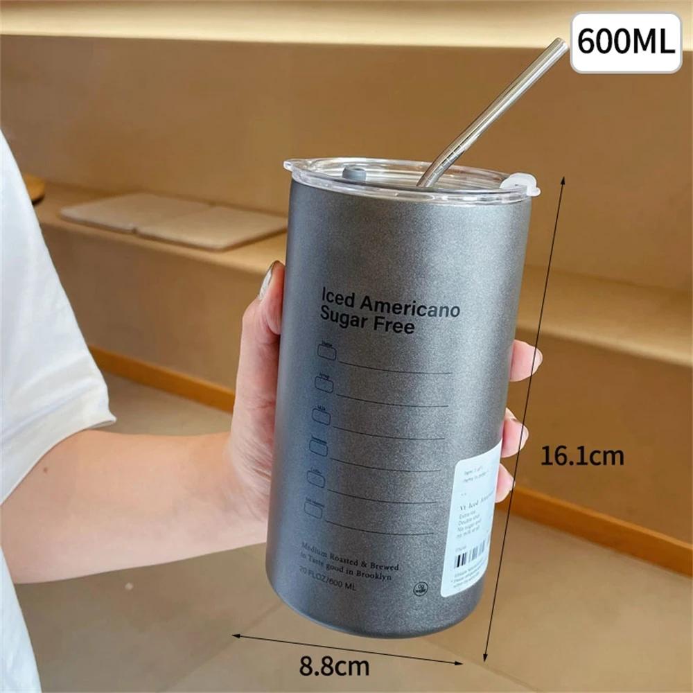 1PC Portable 600ml Thermos Cup 304 Stainless Steel Coffee Mug Thermal Leak-proof Water Bottle with Straw Insulated Bottle Drinkware