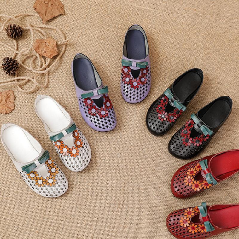 Johnature Тапочки из натуральной кожи с цветочным узором в этническом стиле. Женская обувь на низком каблуке. Полые наружные шлепанцы.