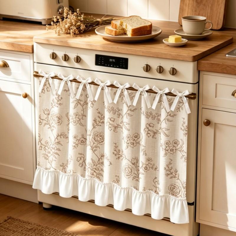 Kitchen Oven Curtain With Tie-Backs Linen Style Farmhouse Short Drape Range Hood Or Appliance Cover