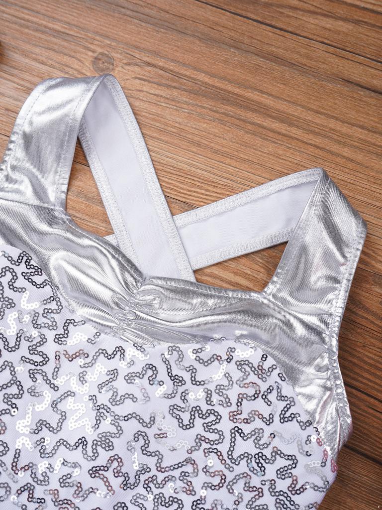 Девочки Бесрукавное Танцевальное Платье с Блестящими Пайетками, Перекрещенной Спиной и Юбкой из Сетки-пачки