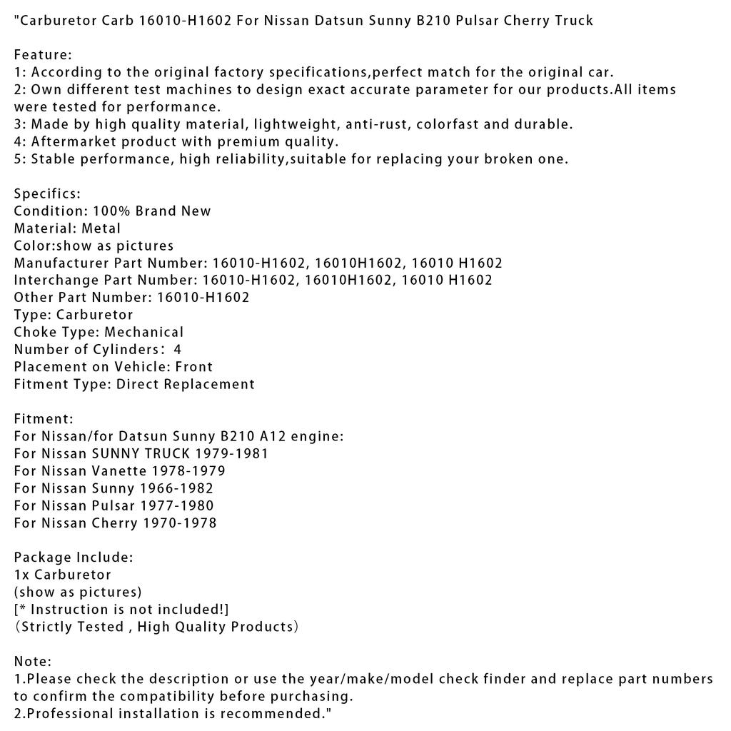 Карбюратор 16010-H1602 Для Nissan Datsun Sunny B210 Pulsar Cherry Truck