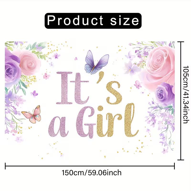 2D "It's a Girl" Baby Shower Backdrop with Pink Purple Roses & Butterflies