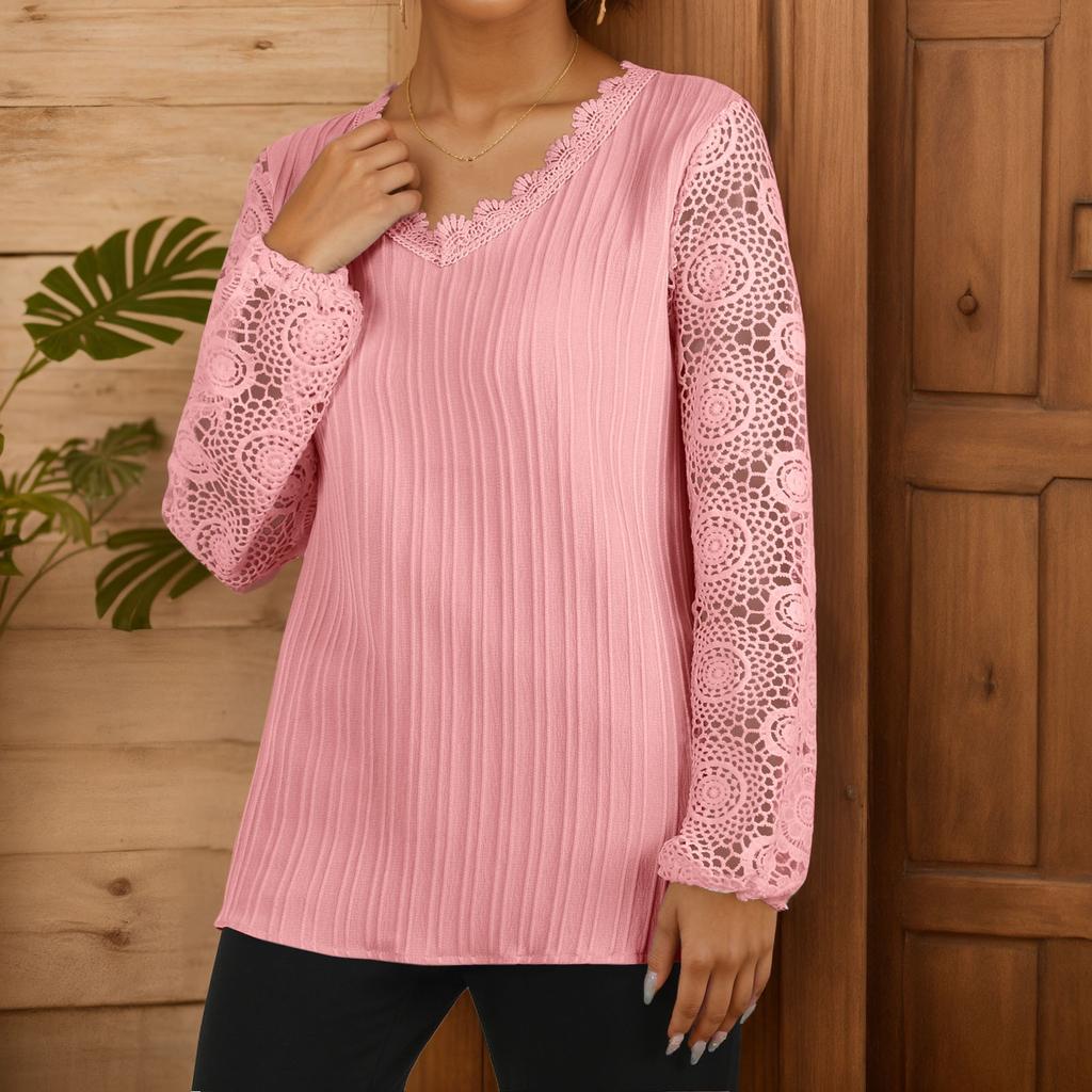 Женская свободная повседневная футболка с v-образным вырезом и кружевом в стиле пэчворк с длинными рукавами