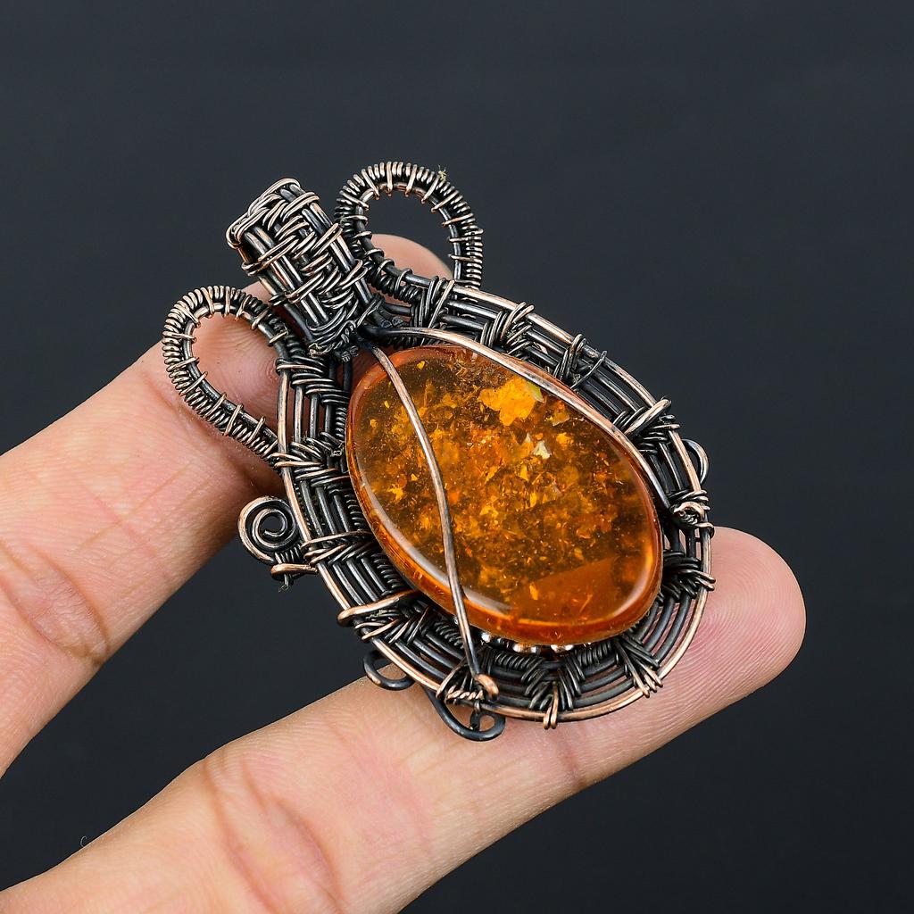 Балтийский янтарь Ручная работа Медная проволока Оплетка Подвеска 2.36" s2I83