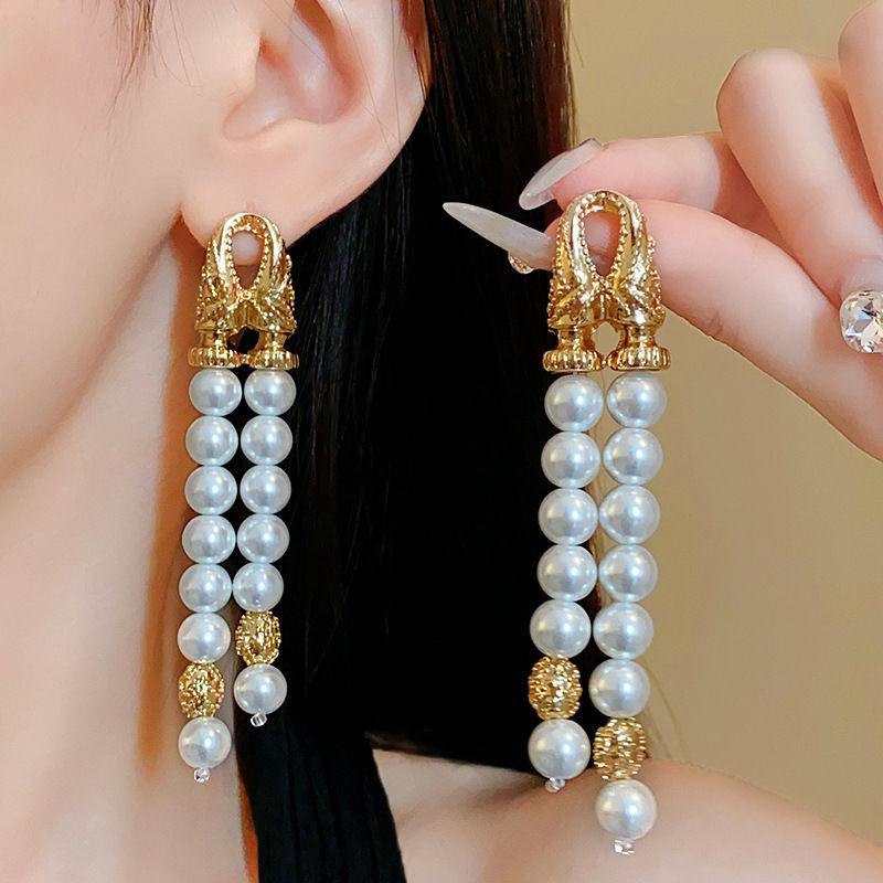 Роскошные серебряные серьги-кисточки с жемчугом и цветком - Французская мода, дизайн высокого класса