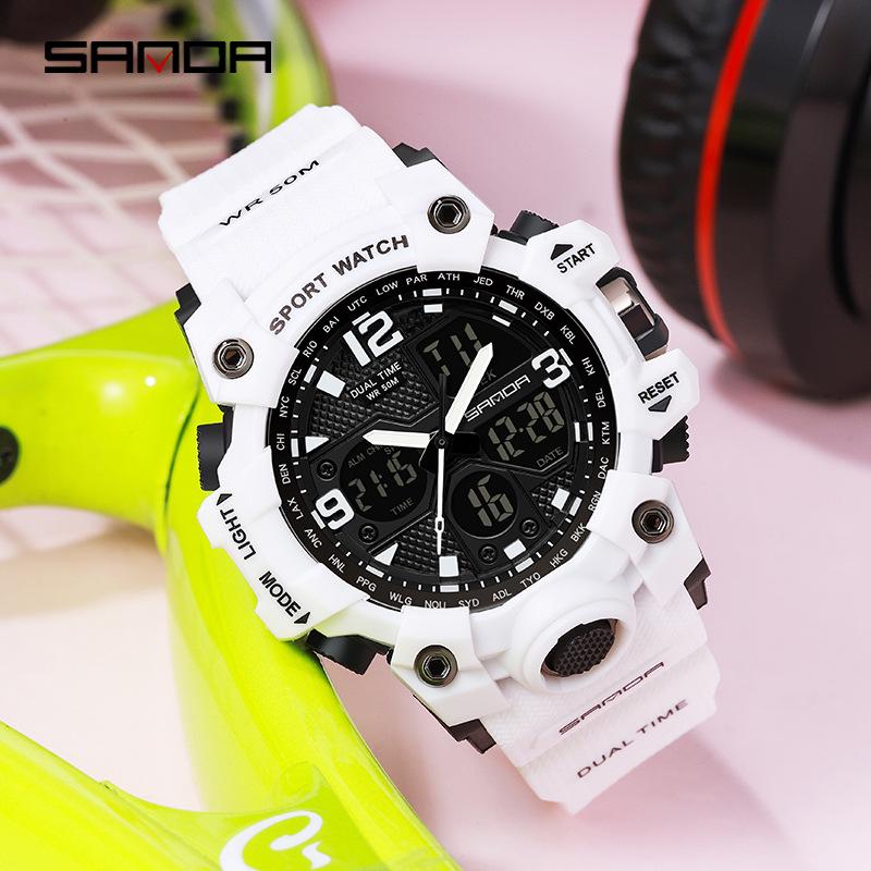 Sanda Fashion Водонепроницаемые светящиеся спортивные часы с двойным дисплеем для мужчин и женщин