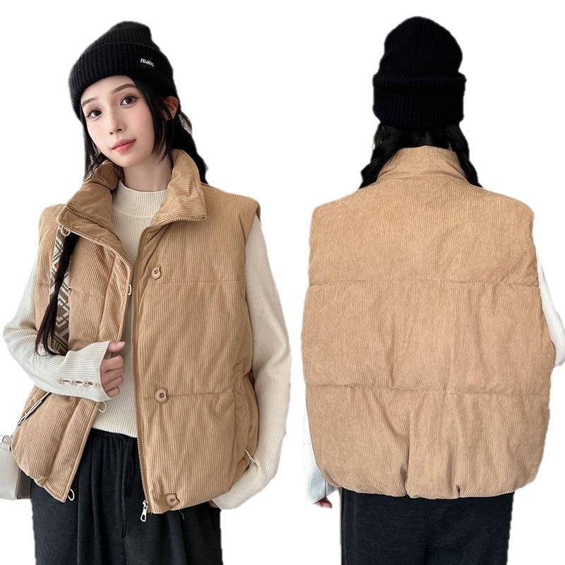 Corduroy short cotton vest women's 11 autumn and winter new loose cotton vest bread jacket stand-up collar sleeveless jacket