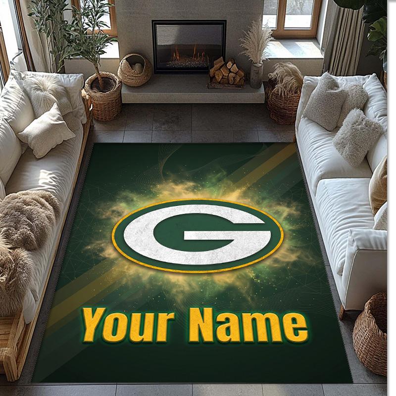Green Bay Packers Crystal Velvet Rug, Custom Name Text Personalized Non‑Slip Floor Mat for Home Decor Gift