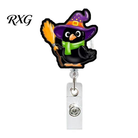 Retractable ID Badge Holder Holder, Halloween Glitter Acrylic Reel, Cute Ghost Card Reel Pumpkin for Nurse Doctor Teacher Worker Keychain Clip