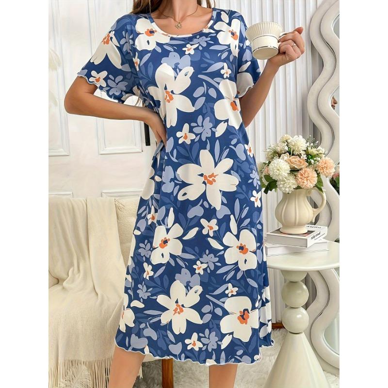 Большой размер, круглый вырез, короткий рукав, синий цвет с цветами абрикоса, домашняя одежда, ночная рубашка, платье, повседневный стиль, женская одежда с принтом