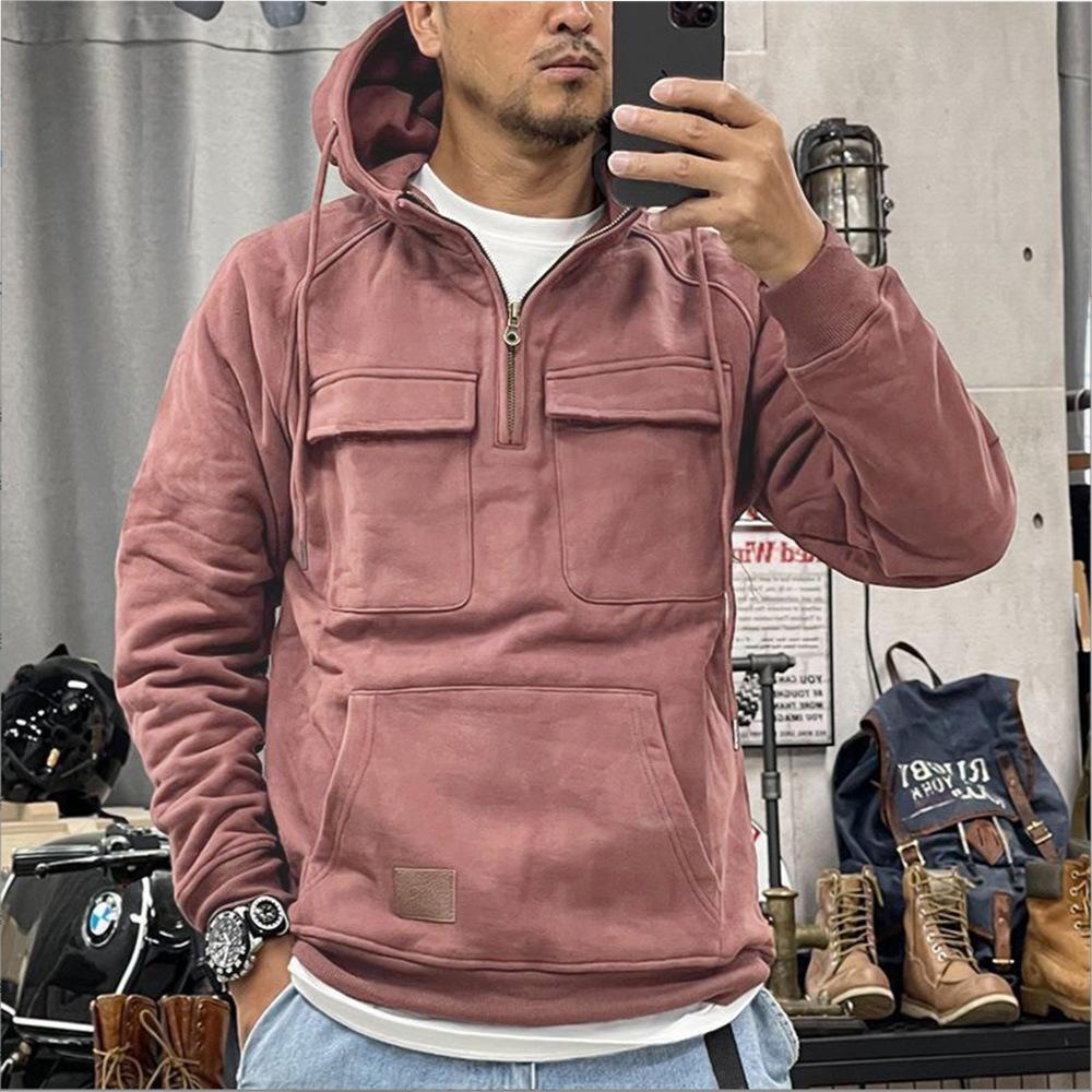 New Men's Solid-Colour Hooded Sweatshirt with Multiple Pockets Leather-Patch Detail Zip-Up Jacket