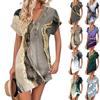 Женское платье с V-образным вырезом и пуговицами с коротким рукавом, повседневные летние платья-туники, свободное платье