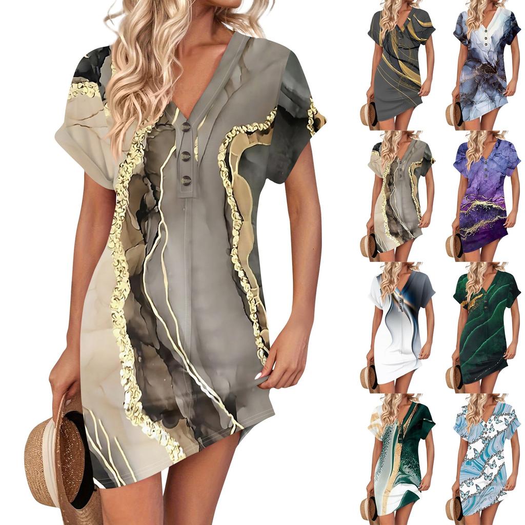 Женское платье с V-образным вырезом и пуговицами с коротким рукавом, повседневные летние платья-туники, свободное платье