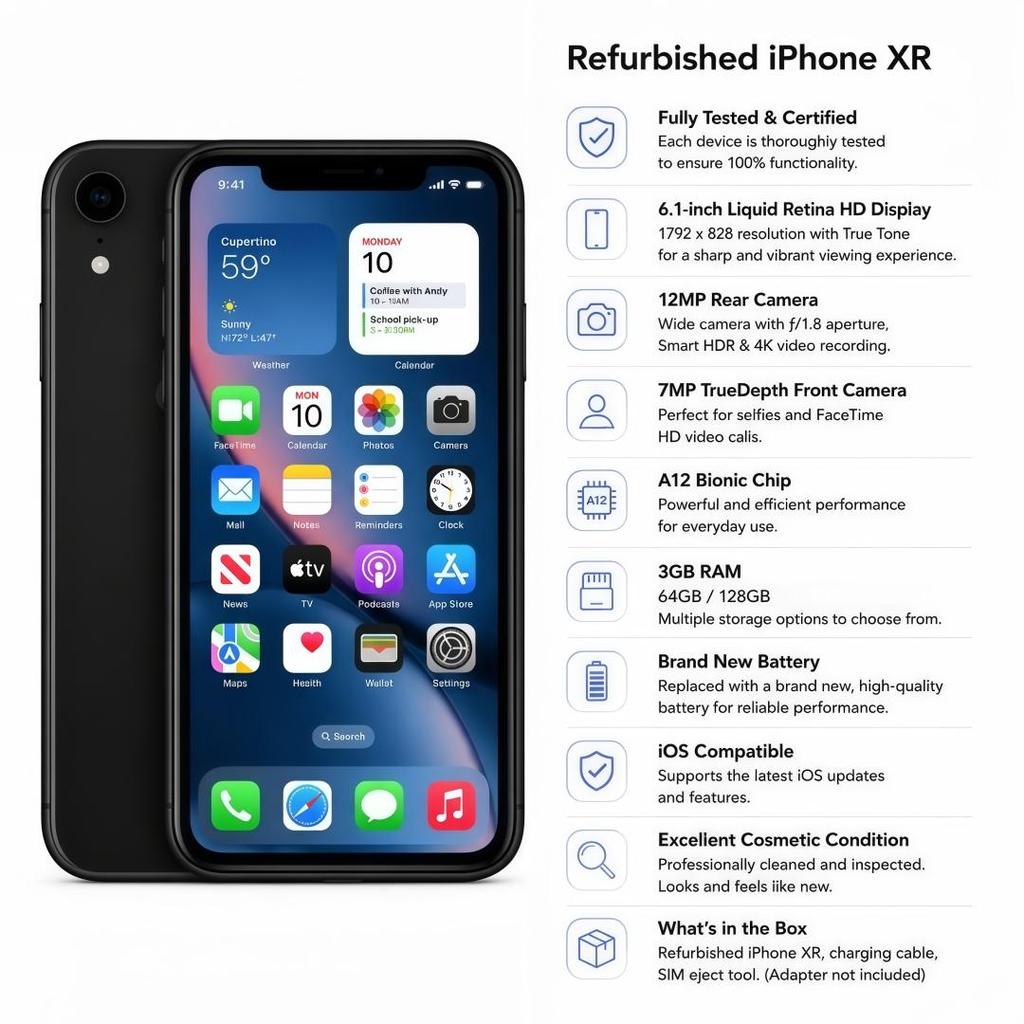 Восстановленный Apple iPhone Xr 6,1'' 3 ГБ ОЗУ 64 ГБ ПЗУ Черный 4G LTE Разблокированный смартфон с одной SIM-картой