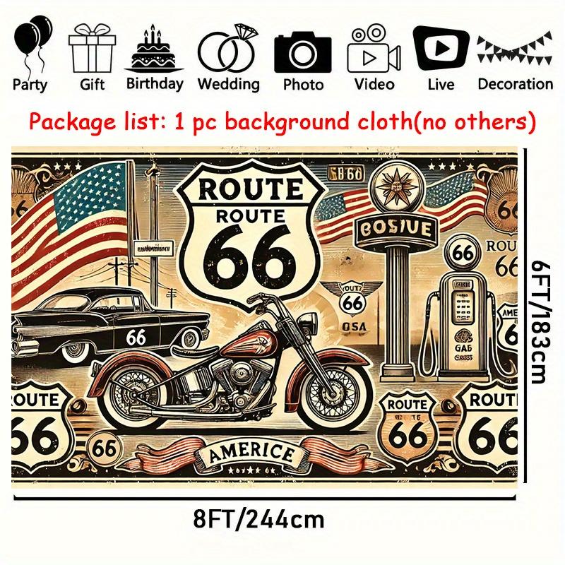 1pc Retro Route 66 Motorcycle Polyester Background Fabric - Retro American design, suitable for party decoration