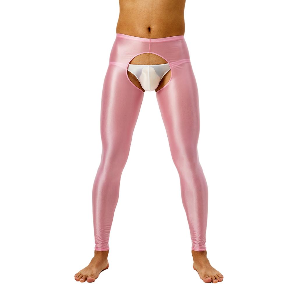 Mens Glossy Open Crotch Leggings Pants High Waist Slim Fit Tights Underwear Baselayer Pants for Nightclub Dance Wear