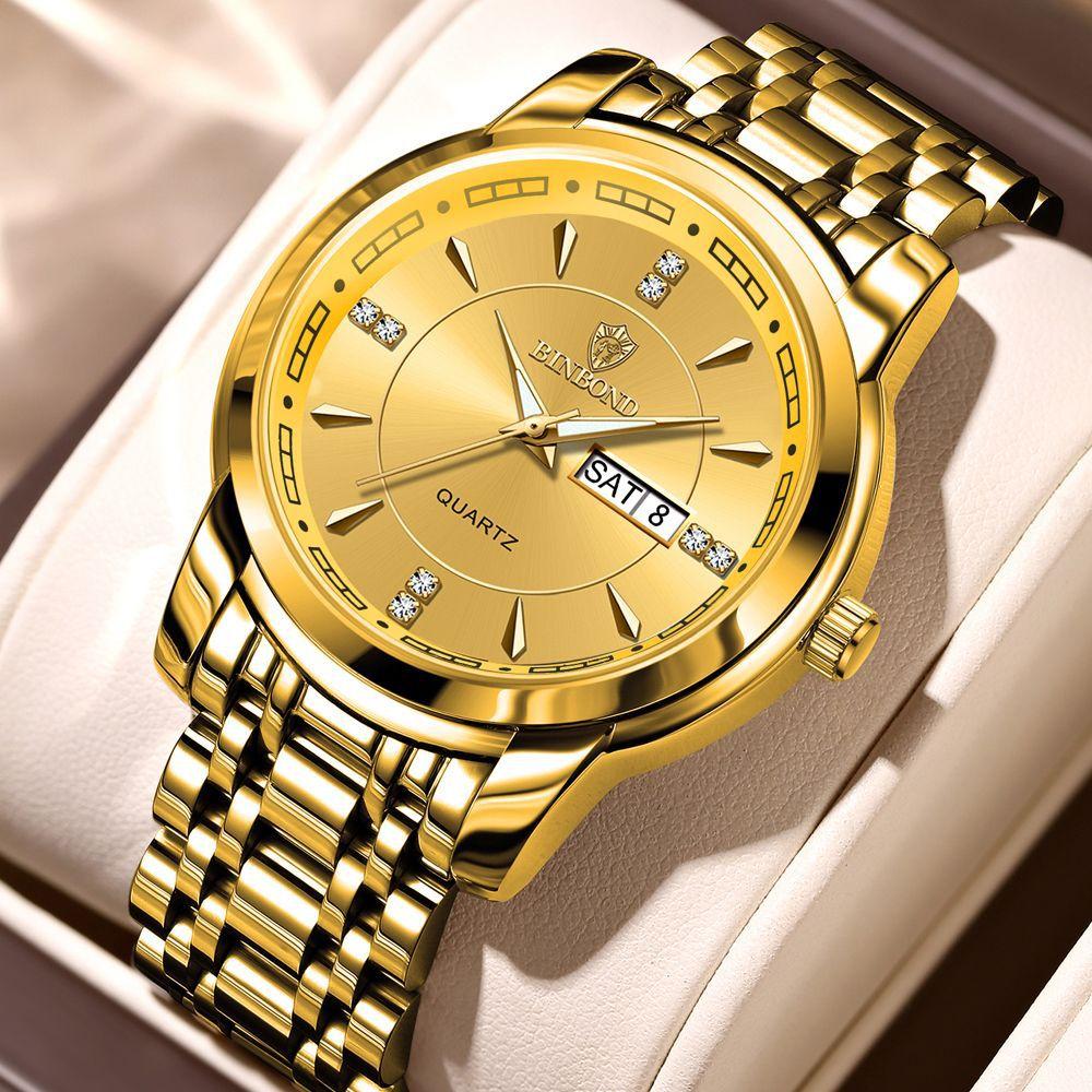 Мужские часы, модные золотые кварцевые часы для мужчин, нержавеющая сталь, водонепроницаемые, светящиеся наручные часы, дата, неделя