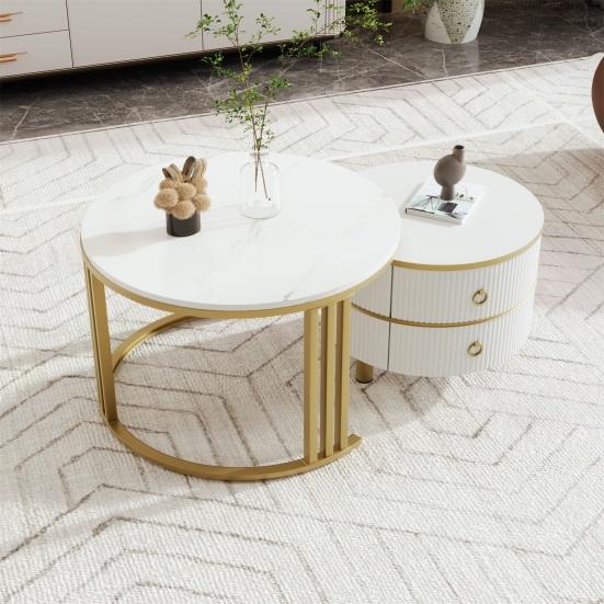 Rounded Edge Coffee Table with 2 Drawers Strong Load-bearing Spacious Desktop High-Gloss Marble Pattern Tea Table Living Room
