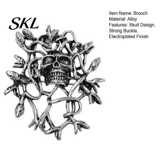 Декоративная брошь-аксессуар в стиле шебби-шик, булавка, дизайн с шипами и черепом в стиле панк-ретро, лацканная булавка с инкрустацией антиокислительными стразами, обрамленная лозами