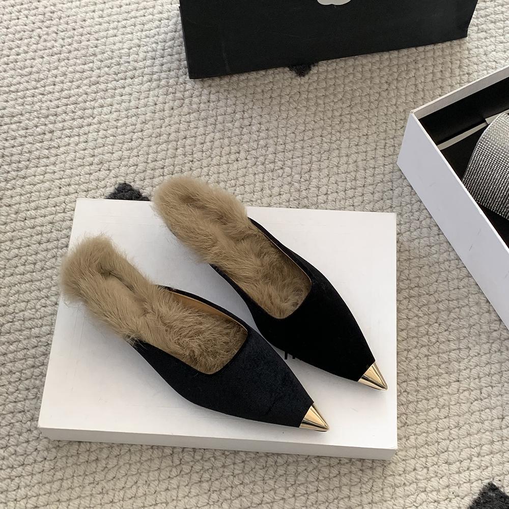 Fashion Flock Women Slides Slippers Pointed Toe Outside Slides Thin Low Heels Beige Brown Black 2024 New Arrivals Casual Dress Sheos 39