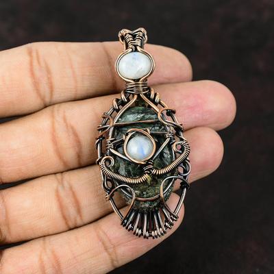 Подвеска из серафинита с медной проволокой в технике wire wrap, драгоценный камень, дизайнерские украшения, подвеска «Злой глаз» из радужного лунного камня, украшения ручной работы, подарок для него
