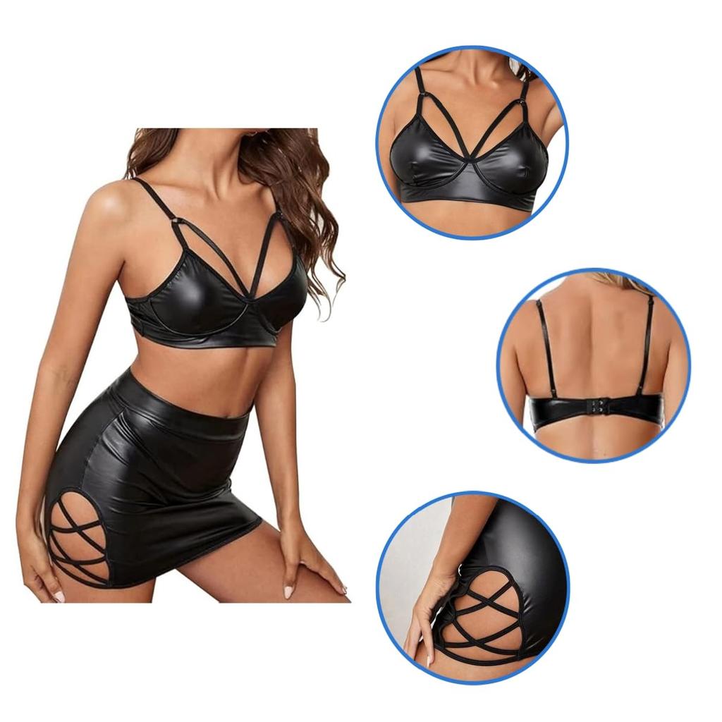 Сексуальное кожаное нижнее белье из искусственной кожи с поясом, Черный комплект мини-кроп-топ и юбка с металлическими деталями Laffey [Getrays], Женская юбка, Топ, Женский комплект из 2 предметов, Юбка,