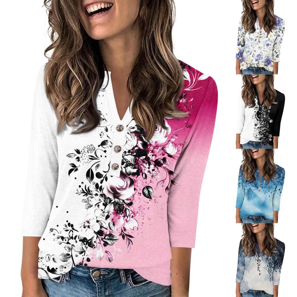 Women's Fashionable Casual 3/4 Sleeve Button Print V-Neck Pullover Top