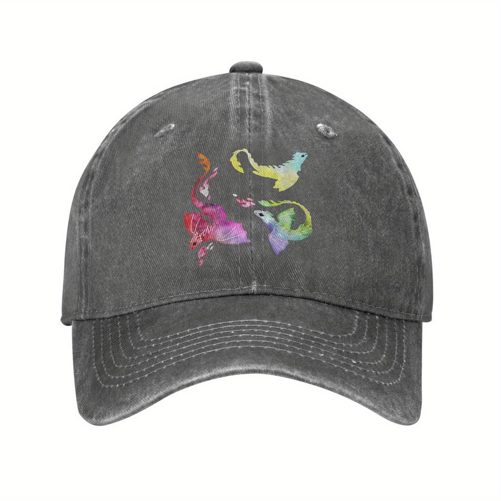 Watercolor Dragon Print Baseball Cap Distressed Denim Casual Adjustable Golf Hat Adult
